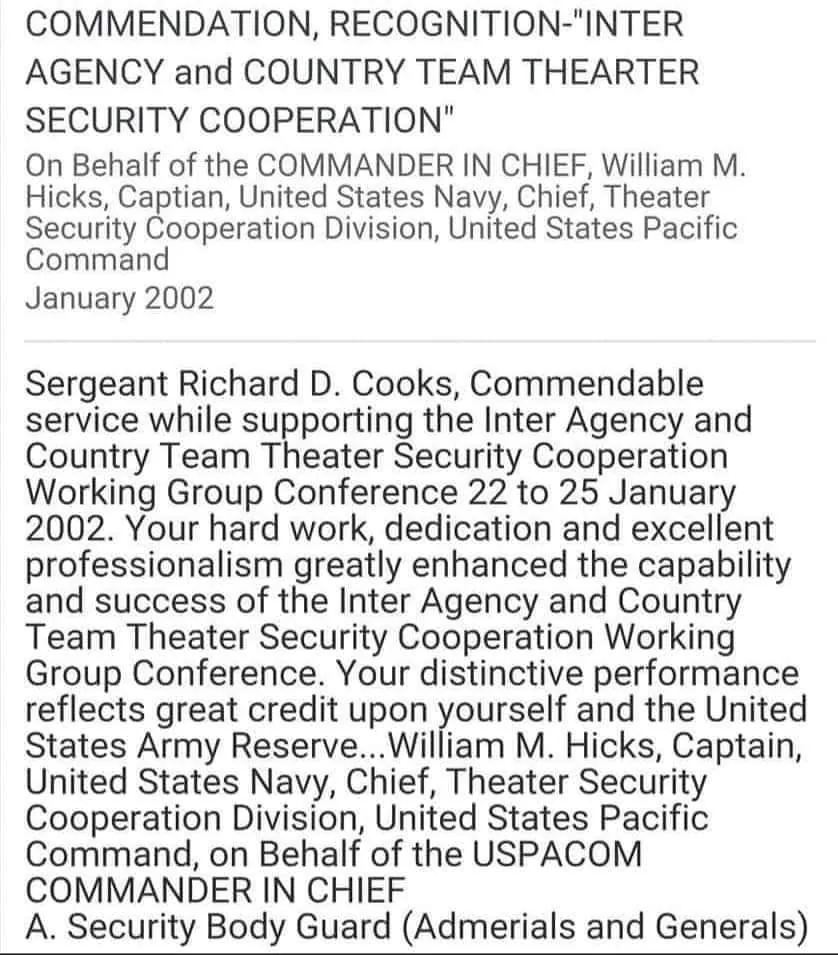 Richard Cooks recognition and service document